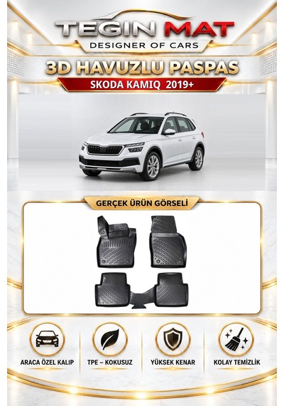 Skoda Kamiq 2019+ Uyumlu 3d Havuzlu Paspas + 3d Bagaj Havuzu Seti Alt Sabit Zemin Siyah