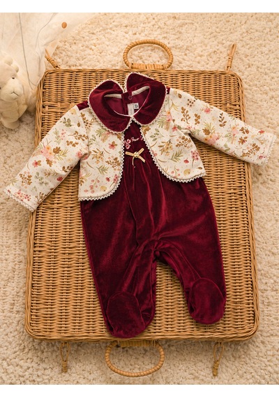 Babyhola Kadife Patikli Kız Bebek Tulum 0-12 Ay Retro Ceketli Görünümlü Hediyelik Nostaljik Bayramlık 13433 Bordo
