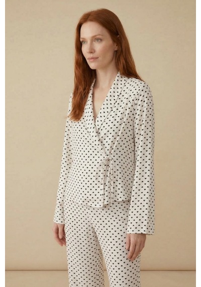 Love Line Pudra Kalp Desenli Viskon Pijama Takımı Krem