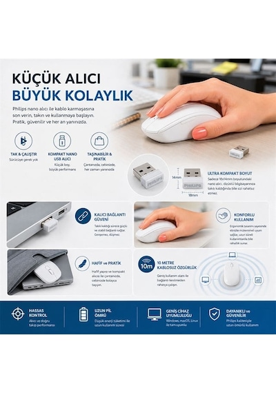Philips Spk7398w/38 1600 Dpı Sessiz Tıklama Beyaz Kablosuz Ofis Mouse