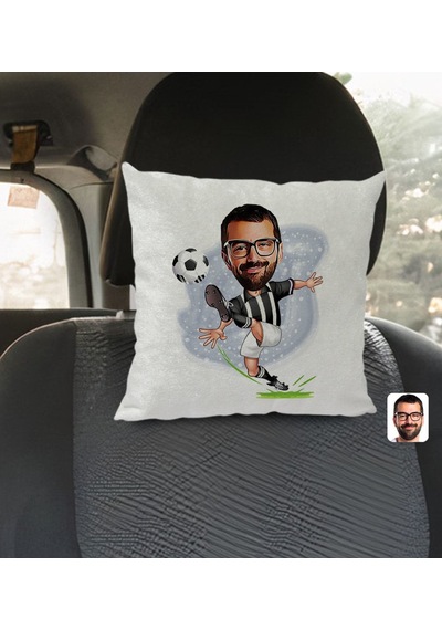 Bk Gift Kişiye Özel Siyah Beyaz Futbolcu Karikatürlü Kare Araç Koltuk Yastığı-1