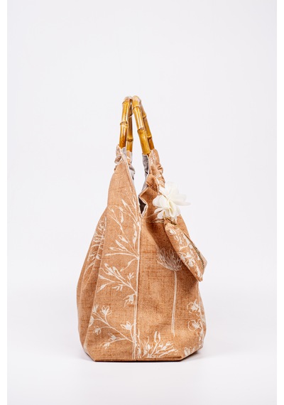 Fabric Craft Bag El Çantası Keten Kumaş Bambu Saplı Çiçek Desen Taba - Kahverengi