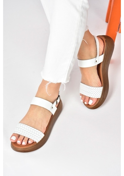 Fox Shoes Beyaz Hakiki Deri Örgü Modelli Günlük Kadın Sandalet