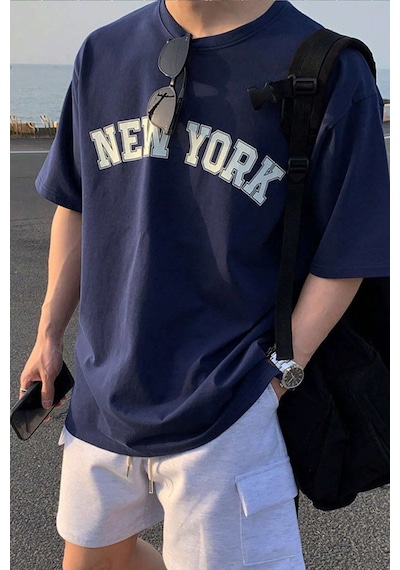 Erkek New York Baskılı Oversize Tshirt Lacivert
