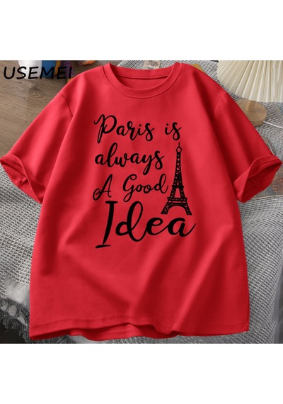 Flood Of Style Erkekler T En Kaliteli Baskı Paris T-shirt Rahat Tatil Moda O Boyun Kazak Pamuk Kısa K Kırmızı