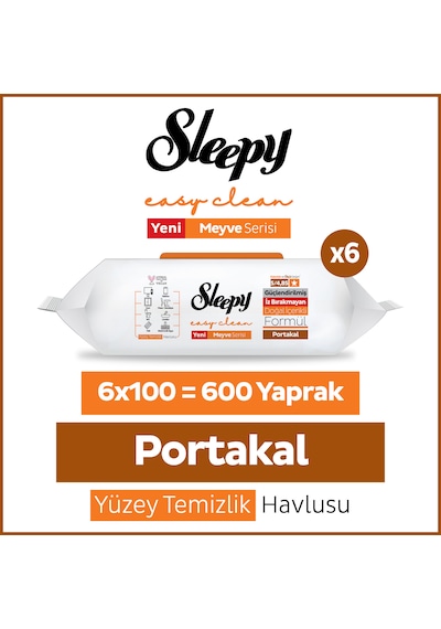 Sleepy Meyve Serisi Yüzey Temizlik Havlusu Mendili Portakal 6x100 600 Yaprak Beyaz