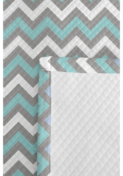 Turkuaz Gri Zigzag Geometrik Genç Odası Tek Kişilik Pike Takımı - 160x220 Cm Kapitone Yatak Örtüsü Doğal Ot Yankısı