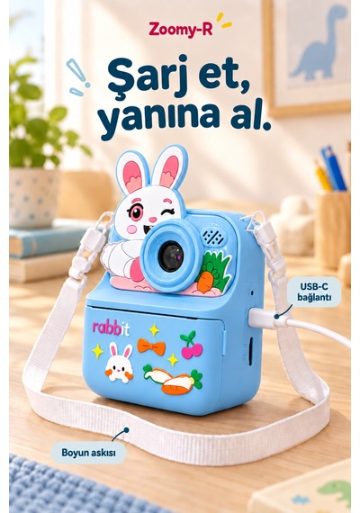 Kj/zm-003 Zoomy-r Tavşan Figürlü Anında Baskılı Çocuk Fotoğraf Makinesi, Çift Kamera, 2,4 İnç Ekran, 1080p Video, 3+ Yaş Mavi