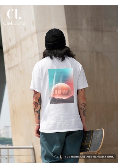 Nevermind Unisex Kadın Erkek Dream World Baskılı Özel Tasarım Oversize T-sh Beyaz