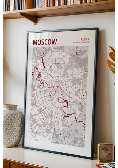 Moskova Rusya Moscow - Russia Haritası Çerçeveli Tablo Lüks Salon Ofis Duvar Dekorasyonu Tablo