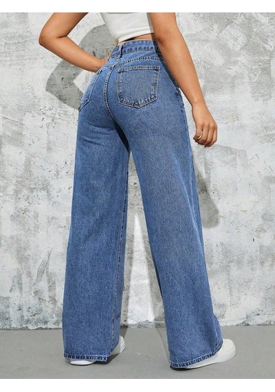 Palazzo Pantolon Orta Mavi Yüksek Bel Geniş Paça Bol Kesim Premium Jeans Orta Mavi