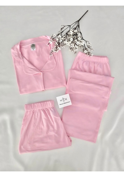 Mh Moony Homewears 3'lü Kısa Kol Yumuşacık Pembe Pijama Takımı PEMBE