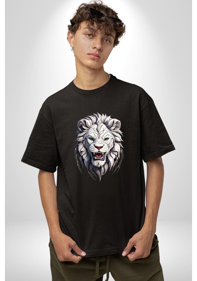 Beyaz Kaplan Kükreme Pamuklu Bisiklet Yaka Unisex Oversize Boyfriend Dijital Baskılı Siyah T-shirt Siyah