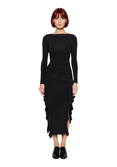 Ersefa Kadın Uzun Kollu Kayık Yaka Eteği Fırfırlı Bodycon Maxi Elbise Mo Siyah