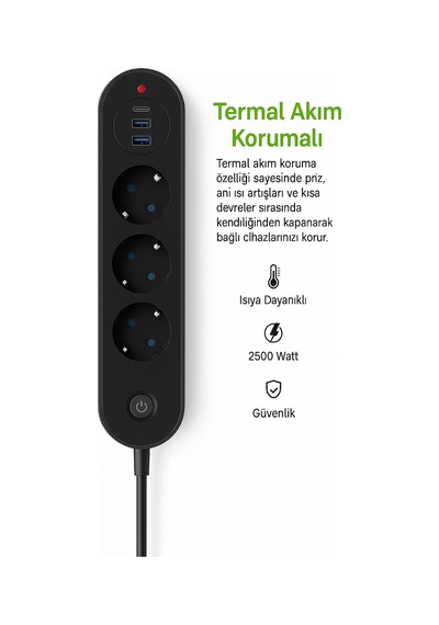 Smayling 3 Lü Priz 2 Usb-a + 1 Usb-c Termal Akım Korumalı, 2500w Güç, Aç/kapa Anahtarlı, Isıya Dayanıklı