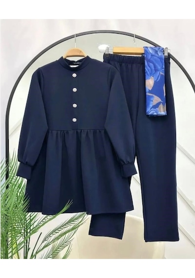 Lovie Moda Kadın Taş Düğmeli İkili Takım Lacivert