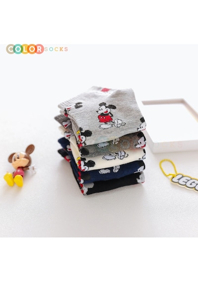 5 Çift Mickey Mouse Desenli Patik Kadın Çorap Çok Renkli