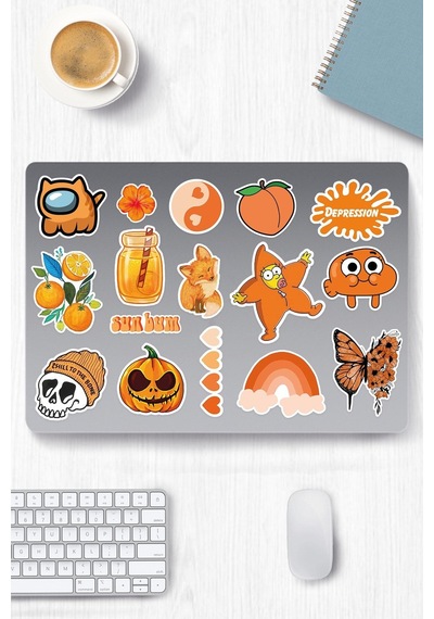 Orange Aesthetic Temalı Sticker Etiket Seti 1 - Turuncu Sticker - Laptop Notebook Telefon Diğer