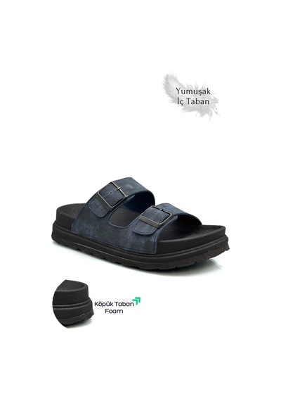 Sermoda Çift Toka Ayarlanabilir Genişlik Köpük Taban Rahat Deri Erkek Terlik Lacivert