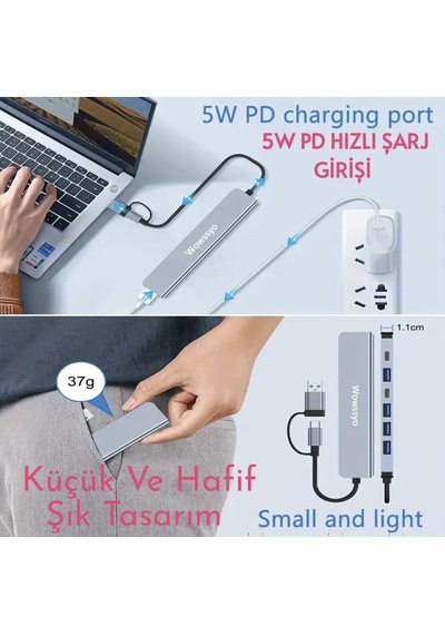 Wowssyo 7'nin 2'si Usb 3.0/usb 2.0/type-c/ Çoğaltıcı Hub Çoklayıcı Ce Sertifikalı Lisanslı 7 Port Hızlı Sağlam Metal