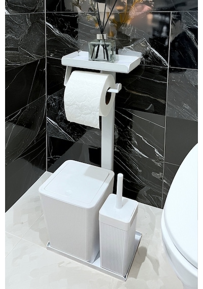 3'ü 1 Arada Banyo Seti Tuvalet Kağıtlık, Çöp Kovası Ve Tuvalet Fırça Takımı Beyaz