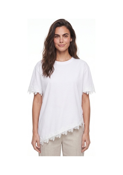 Onloox Kadın Beyaz Beyaz Pamuklu Bisiklet Yaka Kısa Kollu Oversize Dantel Detaylı Asimetrik Kesim T-shirt