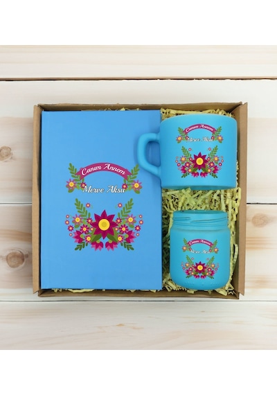Bk Gift Kişiye Özel İsimli Dtf Anne Temalı Turkuaz Defter & Kahve Fincanı & Mum Hediye Seti-6, Anneye Hediye, Anneler Günü Hediyesi Kobitmeyencom30824