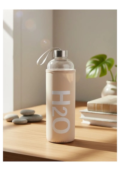 H2o Sağlıklı Cam Matara 1000 Ml Su Şişesi, Pastel Renk Kılıflı 1 Lt Sporcu Suluğu Bej