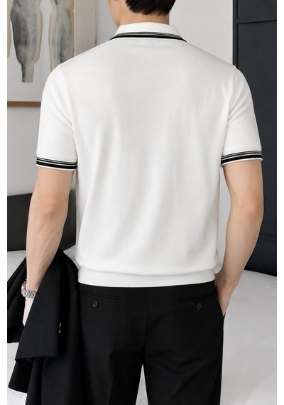 Tarz Cool Erkek Fermuar Yaka Triko Polo Tişört Slim Fit Pamuklu Yazlık Triko Beyaz