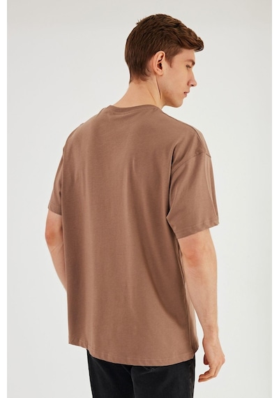 Leo Erkek Oversize Tshirt %100 Pamuk Bisiklet Yaka Baskı Detaylı Basic Tişört Vizon