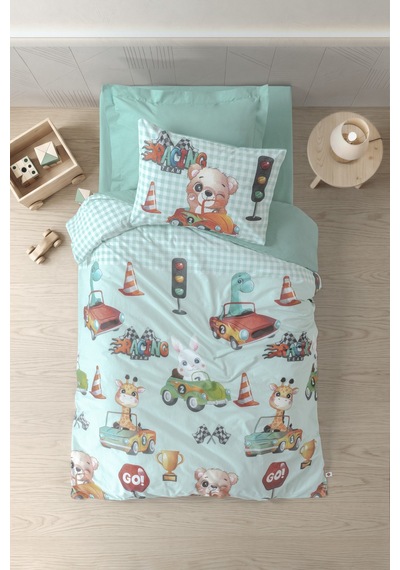 Cotton Box Junior Tek Kişilik Lastikli Çarşaflı Nevresim Takımı Vroom Mint