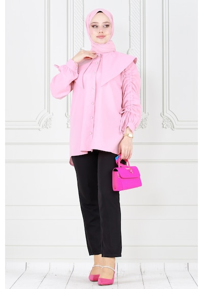 Sevitli Büyük Yaka Kolu Büzgü Detaylı Tunik-pembe-3862-pembe Pembe