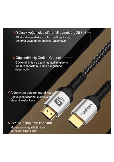 Yumıkra Hdmı 2.1 Kablo, 8k 60hz, 4k 240hz, 48 Gbit/s, Hdmı Sertifikalı, Alüminyum Gövde - 1 Metre