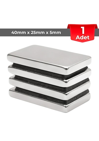 1 Adet Neodyum Mıknatıs Boy: 40mm En: 25mm Kalınlık: 5mm 40x25x5 Ndfeb Güçlü Mıknatıs N117