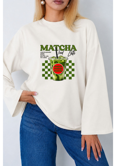 Medinenur Kadın Matcha Baskılı Oversize Geniş Kollu Body Ekru