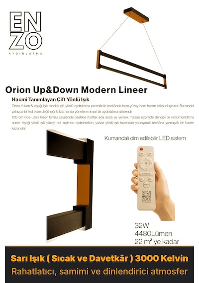 Orion Bronz Lineer Led Sarkıt Avize Kumandalı Dim Edilebilir Yukarı & Aşağı Işık Sarı Işık