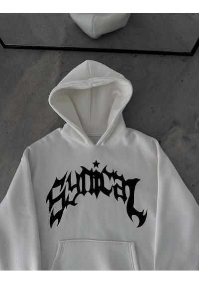 Kışlık Kapşonlu Baskılı Oversize Sweatshirt- Beyaz Beyaz