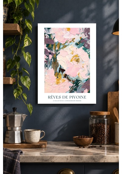 Pembe Soyut Çiçekler Desenli Dekoratif Mdf Tablo, Çerçeve Görünümlü Ahşap Poster