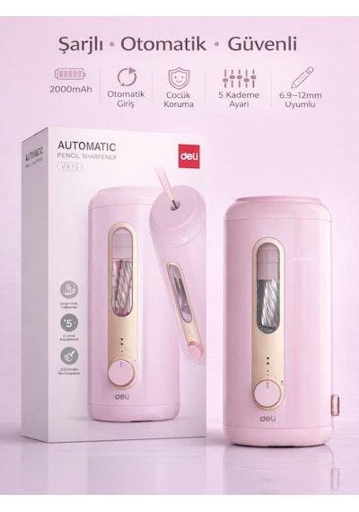 Va10 Pembe Şarjlı Otomatik Elektrikli Kalemtıraş 2000mah 5 Kademe Uç Ayarlı, 6.9-12mm Jumbo Uyumlu, Type-c, Geniş Hazneli