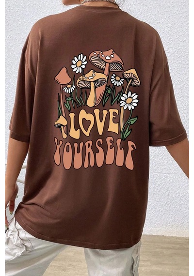 Uyguntarz Unisex Love Yourself Baskılı T-shirt Kahverengi