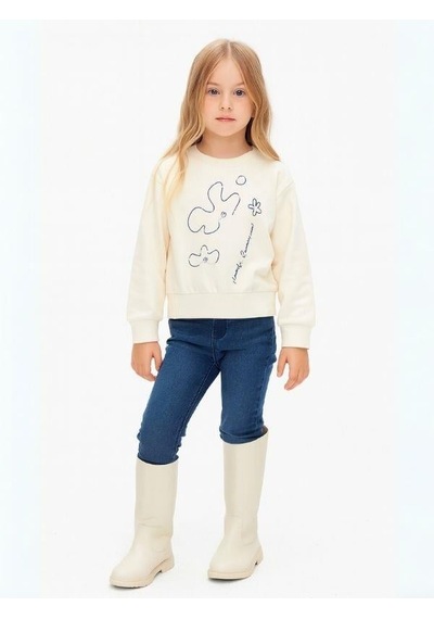 Kız Çocuk Çiçek Desenli Sweatshirt-16138 KREM