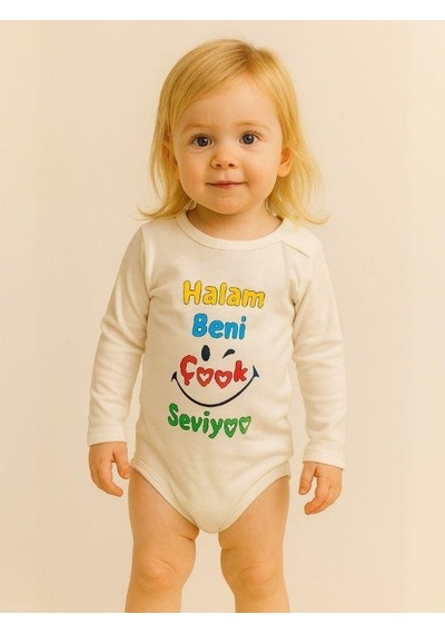Zekids Bebek Halam Beni Çok Seviyor Yazılı Pamuklu Uzun Kol Çıtçıtlı Body-16094 Ekru