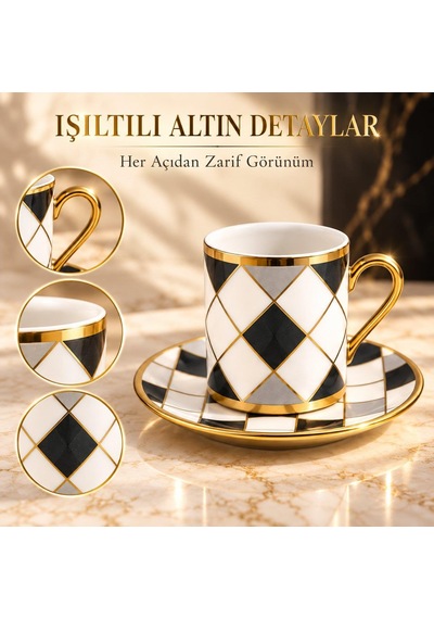 Valkyrie 6 Kişilik 12 Parça Türk Kahvesi Fincan Seti Gold Kulplu Siyah Beyaz Baklava Desen K654-c