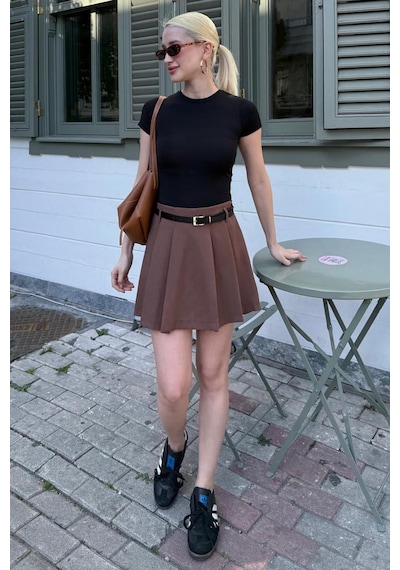 Madmext Kahverengi Pileli Kadın Mini Şort Etek Mg2402 Kahverengi