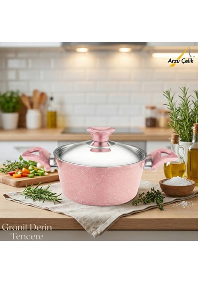 20 Cm Granit Derin Tencere Çelik Kapak - Pembe Pembe