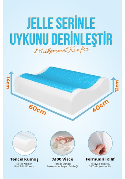 Viscofoam Anatolia Yüksek Terletmeyen Boyun Destekli Ortopedik Yastık Jelli Visco Yastık - 60x40x14-12cm