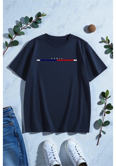 Uyguntarz Unisex Paris Baskılı Tasarım Tshirt Lacivert