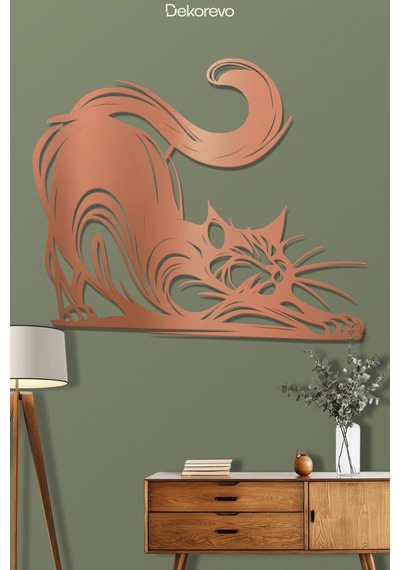 Dekoratif Metal Kedi Duvar Tablosu - Metal Duvar Sanatı - Bronz - 50 X 40 Cm