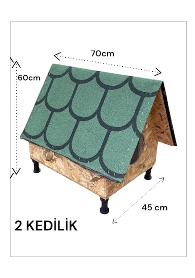 Reyo Narım Bungalov Kedi Evi, Kedi Barınağı Isı Ve Suya Dayanıklı Çatı 45x60x70 Cm