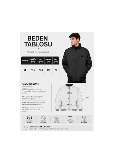 Neco Giyim Erkek Siyah Dik Yaka Fermuarlı Cepli Mont Günlük Outdoor Kışlık Mont Siyah